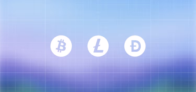 Bitcoin, Litecoin, and Dogecoin icons on a gradient grid background